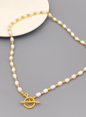 法式时尚淡水米粒珍珠黄铜镀18k真金OT扣复古气质设计锁骨链项链