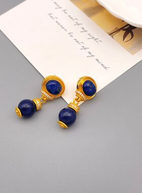欧美Vintage复古天然青金石925银针耳环中古轻奢黄铜电镀18k真金