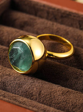 韩国OD简约天然石戒指女轻奢高级感时尚夸张铜镀真金戒指女复古