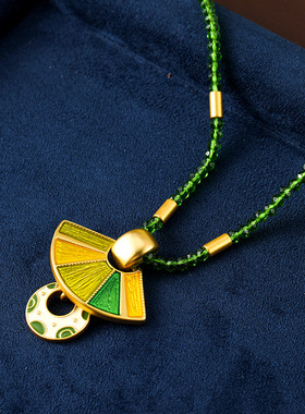 原创新中式复古彩色锆石串珠扇形项链饰品女夏天百搭高级感锁骨