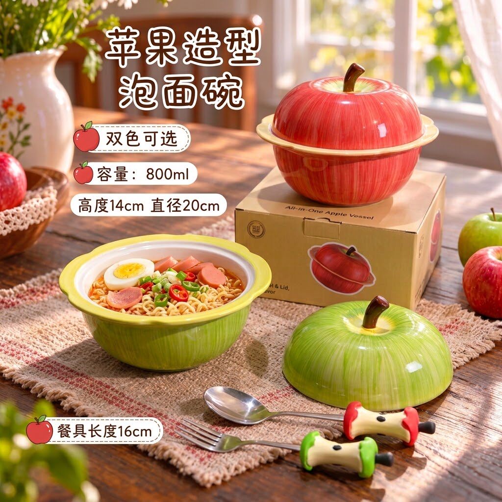 可爱伴手礼带盖陶瓷苹果泡面碗礼盒装情侣饭碗送闺蜜螺蛳粉大号碗