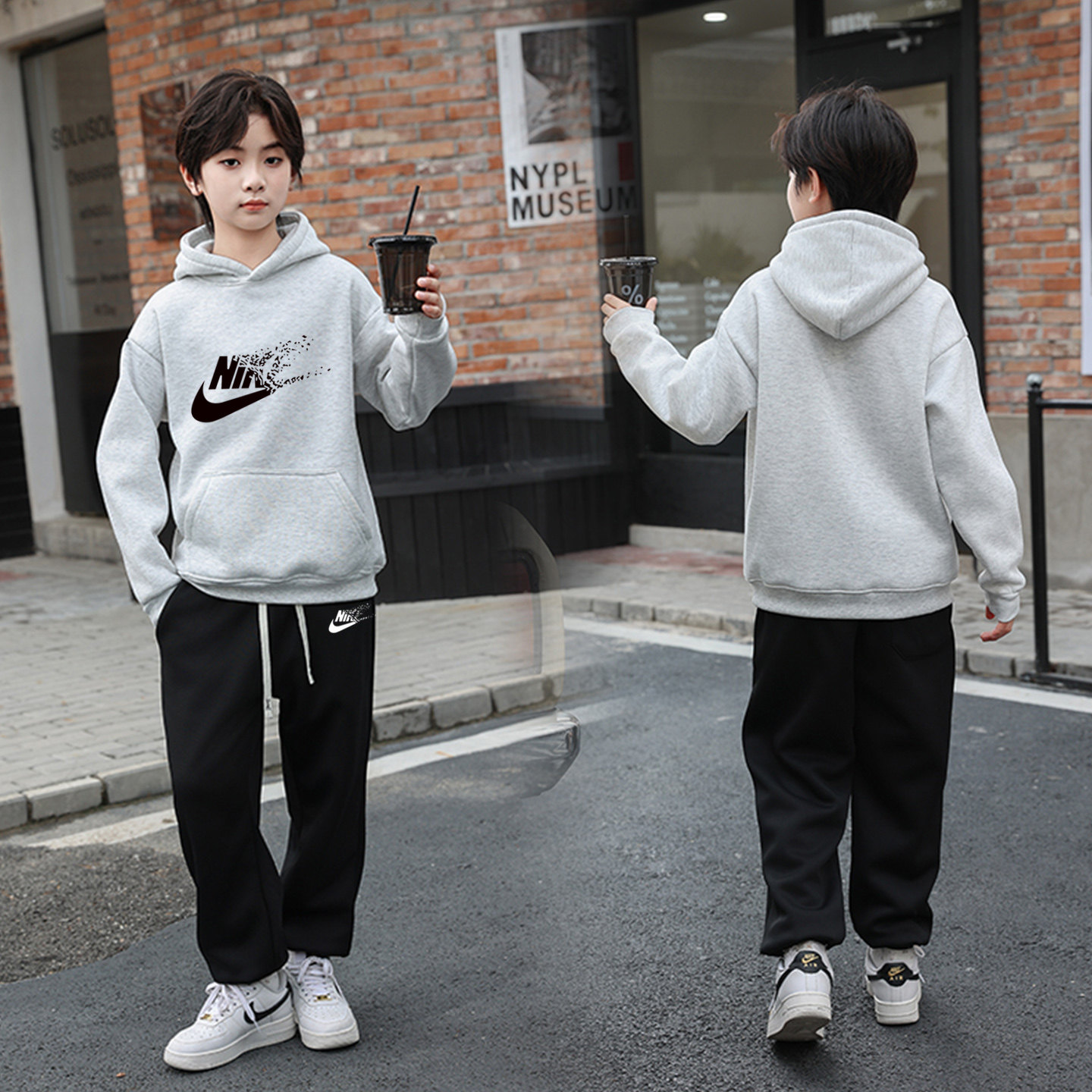 NK潮牌儿童秋冬套装中大童加厚一体绒连帽卫衣长裤男孩运动两件套