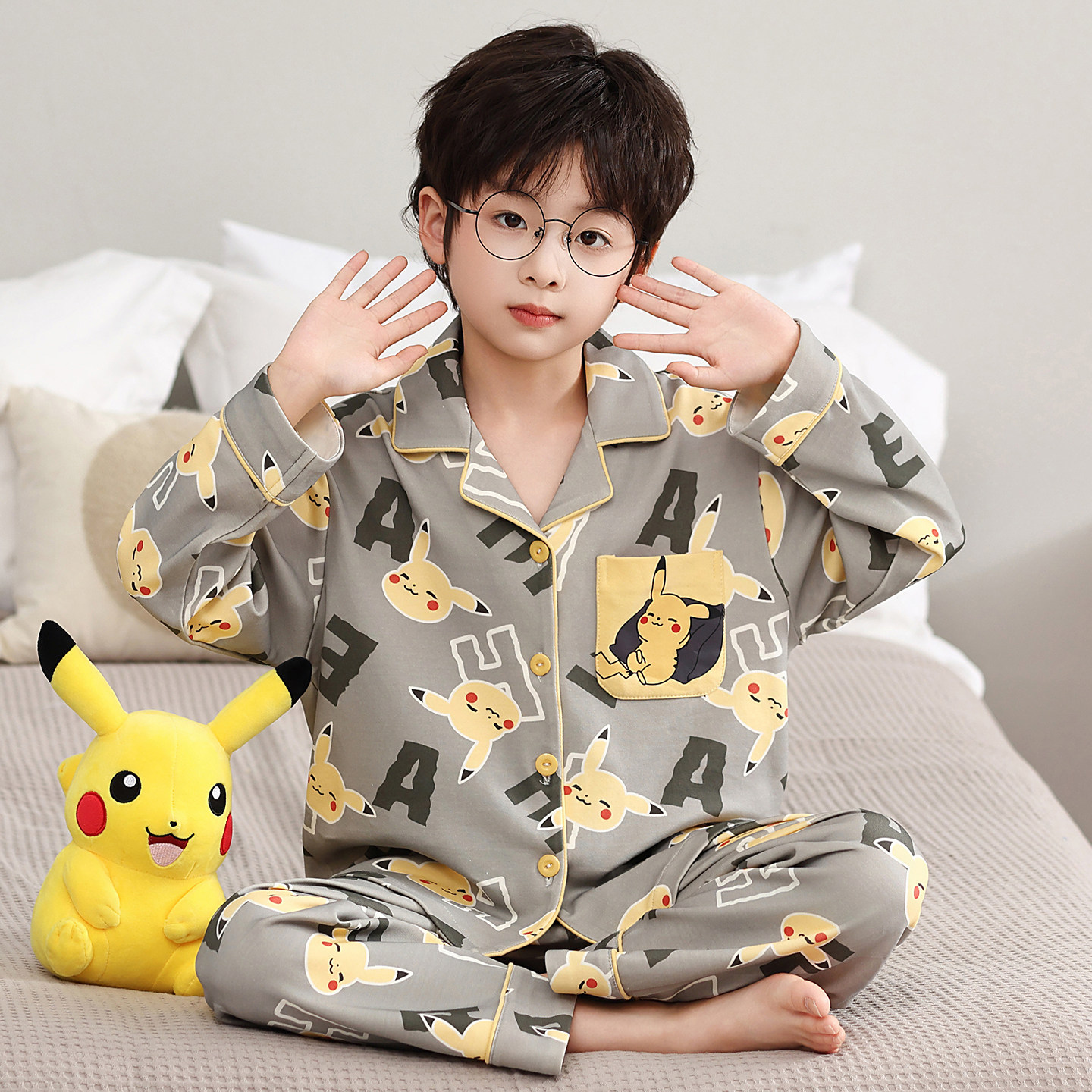 男童仿棉皮卡丘春秋家居服套装图片