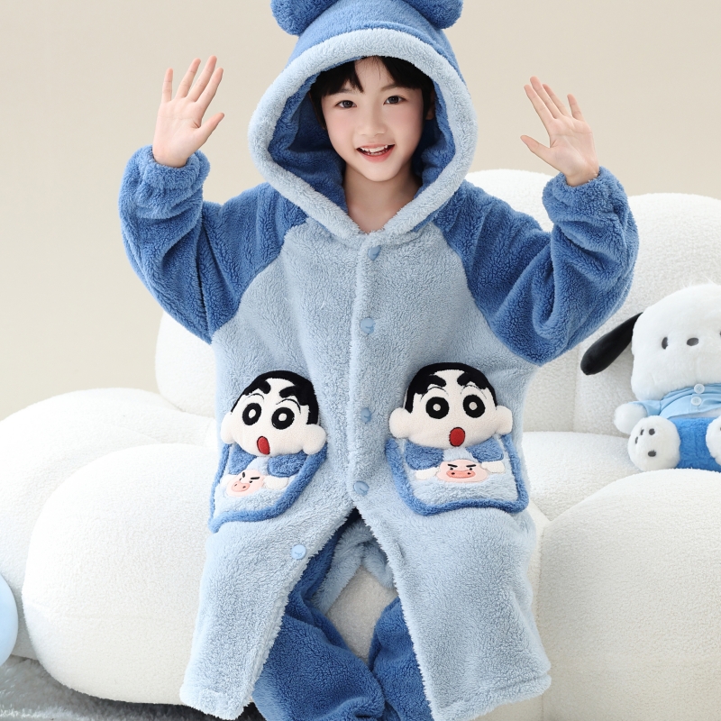 儿童珊瑚绒睡袍男孩冬季长袍秋冬款大童男童法兰绒长款睡衣冬季