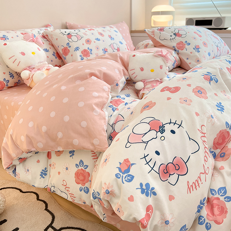 卡通KT猫全棉床上四件套hellokitty被套床单床笠少女心纯棉三件套