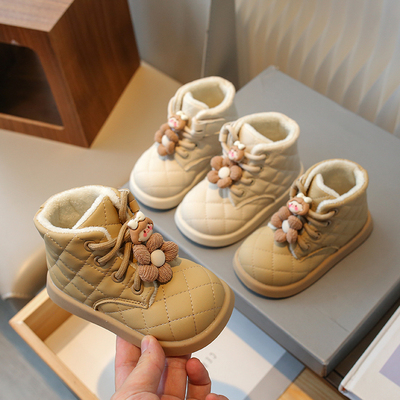 儿童冬加绒小皮靴宝宝洋气软底