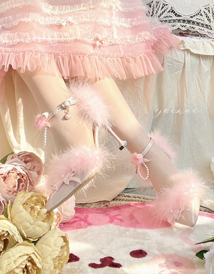 小妖静手作lo鞋两周年店庆款[绒芙蝶]粉色芙拉小姐仙帝玫瑰高跟鞋