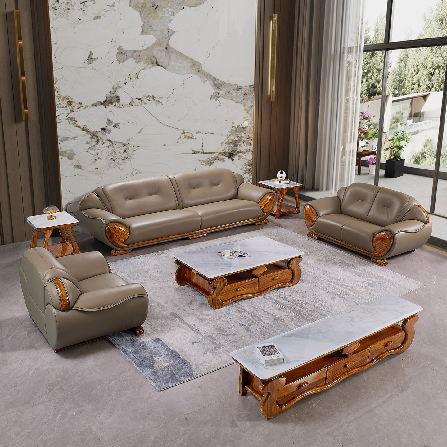 新中式乌金木青皮沙发欧式实木高端别墅客厅简约大气佛山厂家家俱