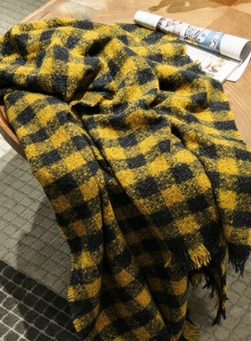 美洋MEIYANG 姜茶围巾 撞色格纹流苏针织保暖百搭长披风围脖
