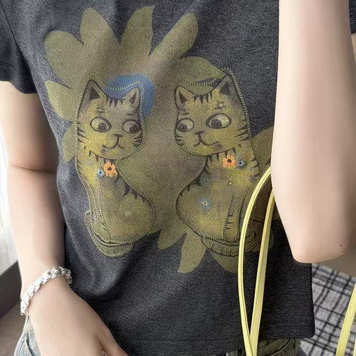 美洋MEIYANG 向阳猫T恤 莱赛尔棉立体俏皮圆领短袖