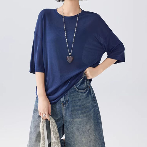 美洋MEIYANG【现货】布丁冻T恤 莱赛尔桑蚕丝水面膜圆领上衣