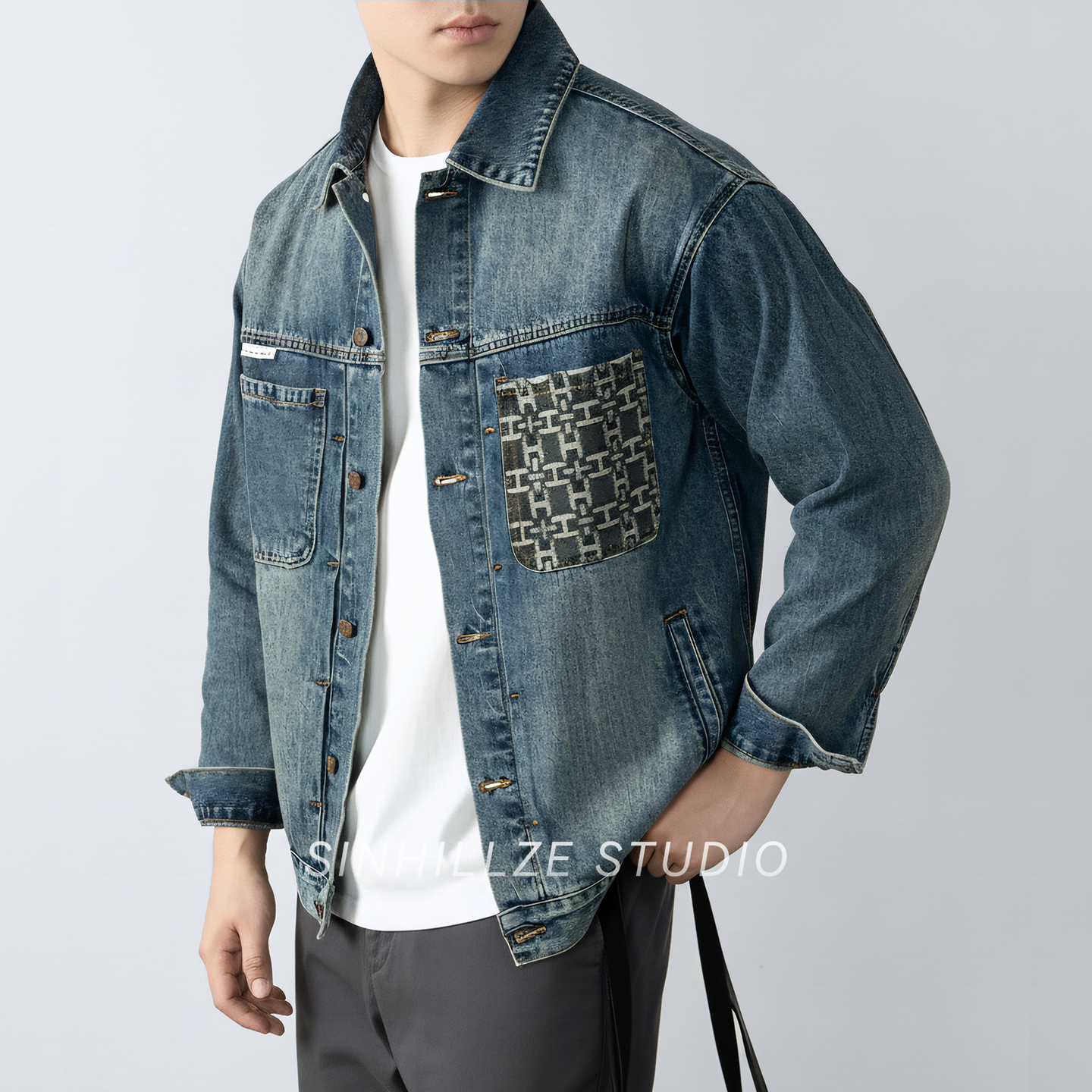 美式牛仔外套男2025春秋款休闲复古水洗牛仔夹克潮牌宽松黑色外衣