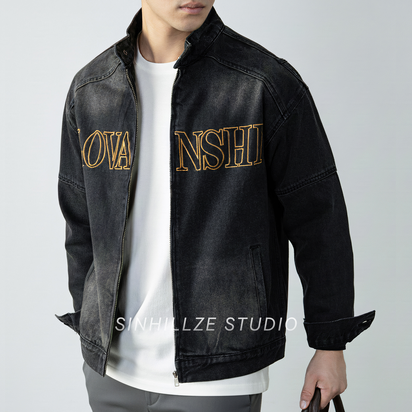 美式复古立领牛仔外套男2025春秋潮牌新款宽松休闲水洗牛仔夹克衫