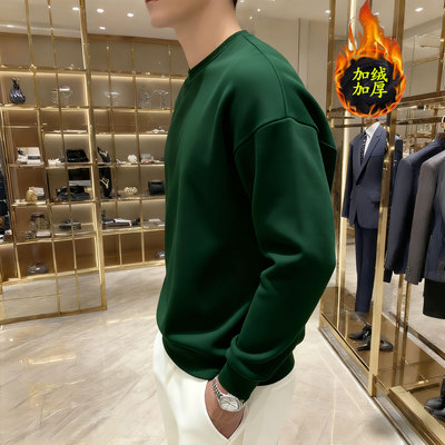 加绒加厚男士长绒棉绿色圆领卫衣