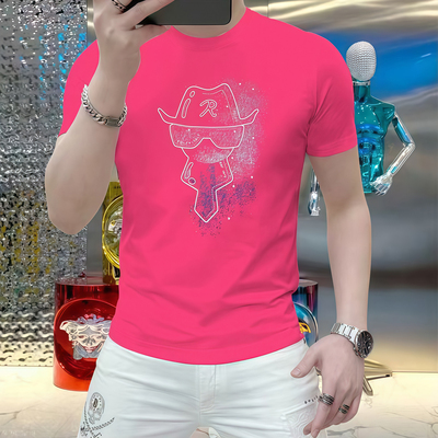 时尚玫红色男士丝光棉圆领短袖T恤丝滑凉感酷帅潮流亮色半袖