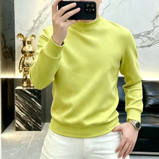 时尚亮色男士丝光棉圆领卫衣青春流行极简风纯色高弹打底长袖T恤