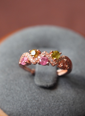 玉925纯银18k天然碧玺戒指彩虹