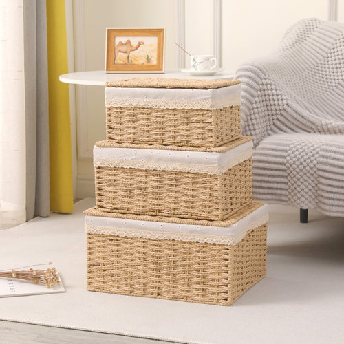 手工编织带盖玄关收纳筐