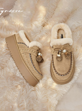 松果蹀愫25年冬新厚底增高5羊毛保暖毛毛鞋外穿棉拖鞋TA65879-50