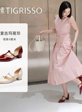 爱丽丝蹀愫25红鞋包头凉鞋丁字带粗跟玛丽珍女单鞋TA65118-15