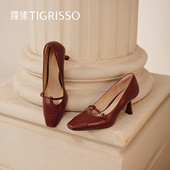 蹀愫2025年红色T带玛丽珍鞋 羊皮高跟鞋 单鞋 剧院玫瑰 TA54537