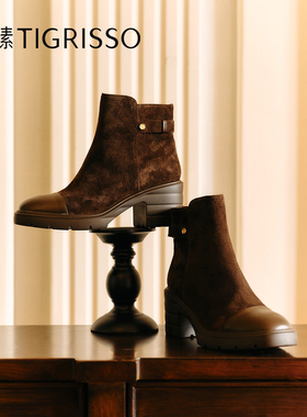 蹀愫冬复古粗跟增高时装靴圆头靴子加绒短靴TA54715-50
