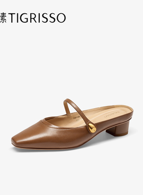 蹀愫2025年方头一字带羊皮包头拖鞋可外穿凉拖TA65128-12