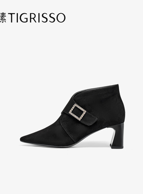 蹀愫25秋冬新款魔术贴时装靴粗跟尖头短靴通勤羊绒踝靴TA65705-17