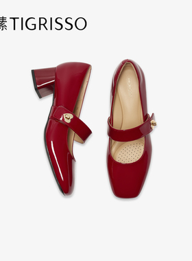 小幸运蹀愫2025羊皮小红鞋玛丽珍女鞋气质粗跟单鞋TA65111-12
