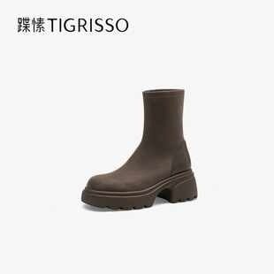 蹀愫弹力棕色厚底增高6.5加绒女鞋 短靴TA54761
