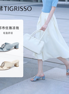 蹀愫2025年水钻粗跟拖鞋羊皮女度假沙滩外穿一脚蹬凉拖TA65303-11