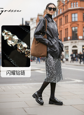 优等生蹀愫26春新款钻饰厚底增高6超轻黑色英伦乐福鞋T76182A-01