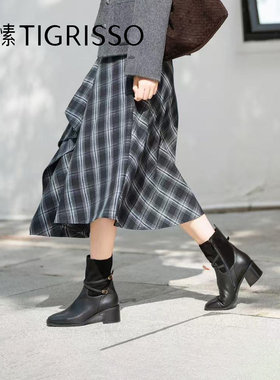 蹀愫2025年秋冬新款粗跟增高6时装靴真皮牛皮短靴女TA65733-50