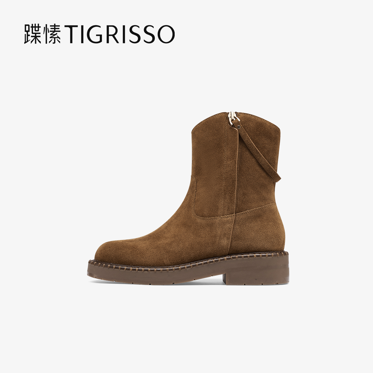 棕色美式复古圆头西部牛仔靴蹀愫