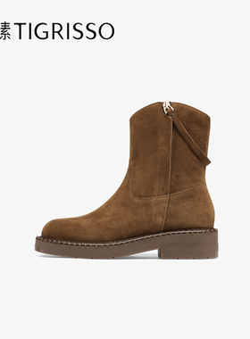 蹀愫冬季棕色加绒复古女短靴圆头西部牛仔靴TA54768-52