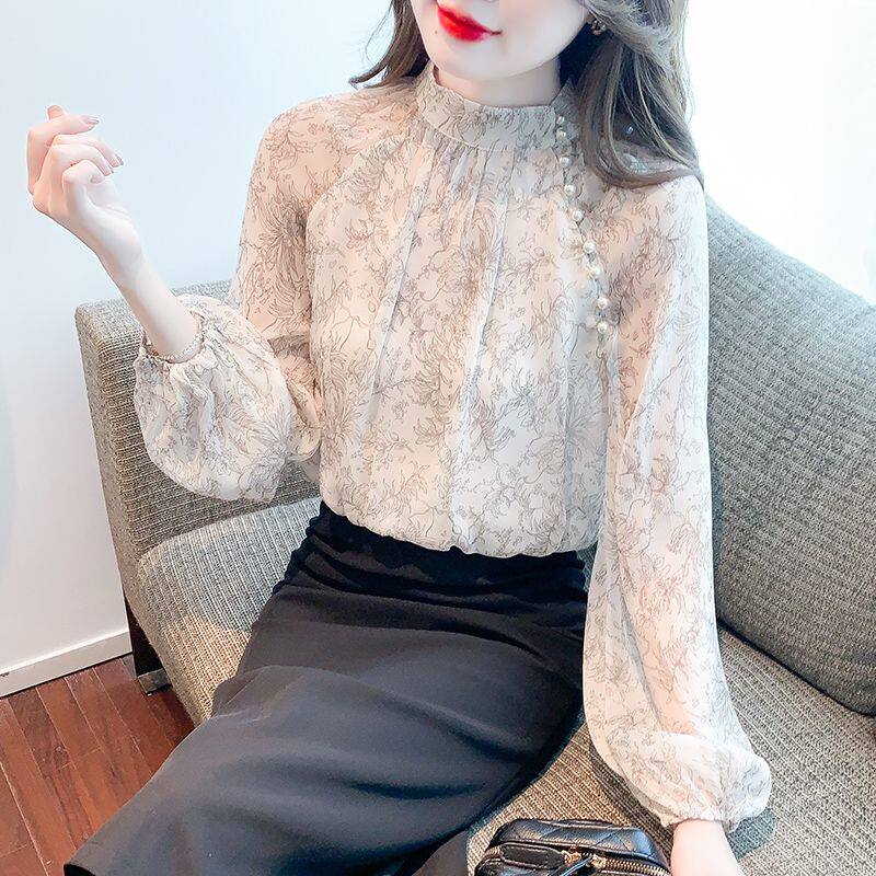 春装半高领碎花雪纺衬衫女长袖设计感小衫立领钉珠上衣洋气小衫