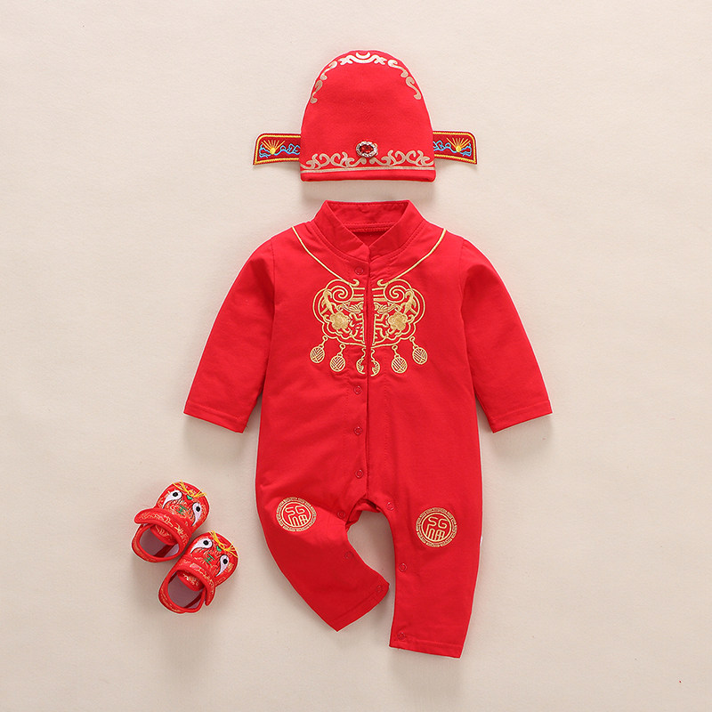 宝宝抓周衣服周岁唐装婴儿唐装连体过年服新年装百天中国风过年服