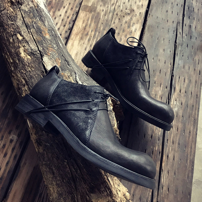 奈瑟日系复古做旧男鞋大圆头真皮休闲皮鞋暗黑翘头短靴大头鞋男潮