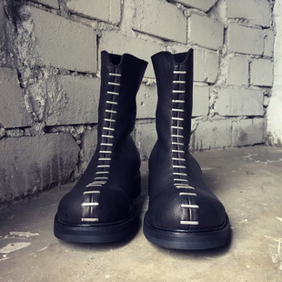 奈瑟日系铆钉拼接皮靴男暗黑风马丁靴复古高帮靴子朋克小众男靴潮