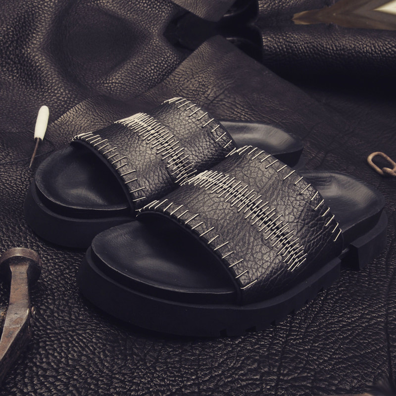 奈瑟原宿龙骨拖鞋男夏一字拖鞋男士真皮一字凉拖潮isaac sellam