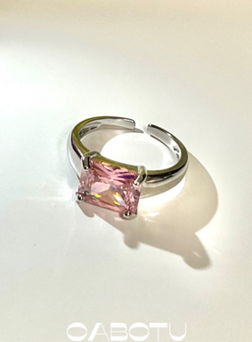 手工纯银粉色方糖戒指 S925纯银小众轻奢简约锆石女指环