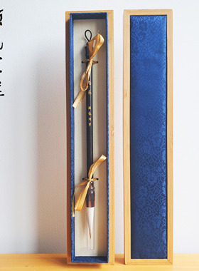 颖艺笔庄蓝色暗花绸缎竹木礼盒单支装送人高档礼盒中国风便携礼盒