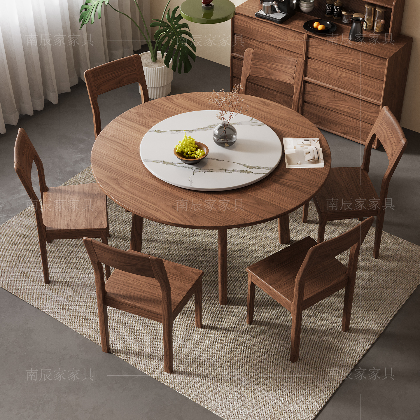 黑胡桃木圆形餐家用实木台面餐桌椅家具组合桌2025新款中古风圆桌