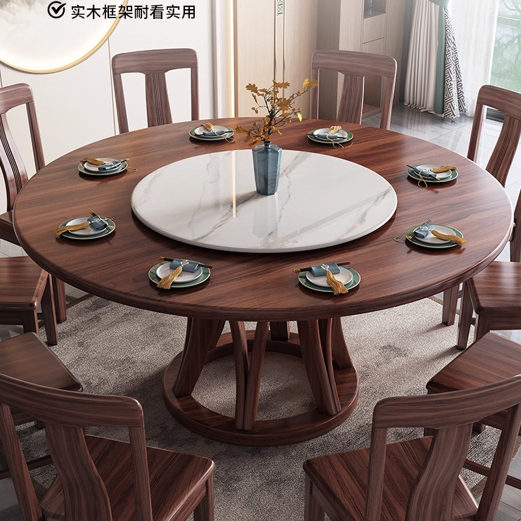 黑胡桃木餐桌圆桌实木餐桌中古风饭桌小户型家用餐桌椅组合送转盘