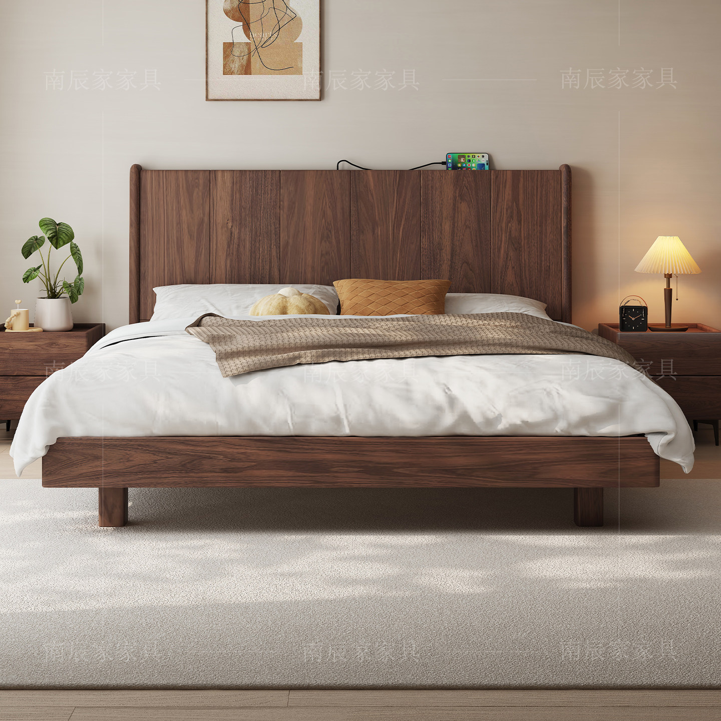 黑胡桃木床卧室双人床1米5现代简约家具1米8主卧实木床小户型家用