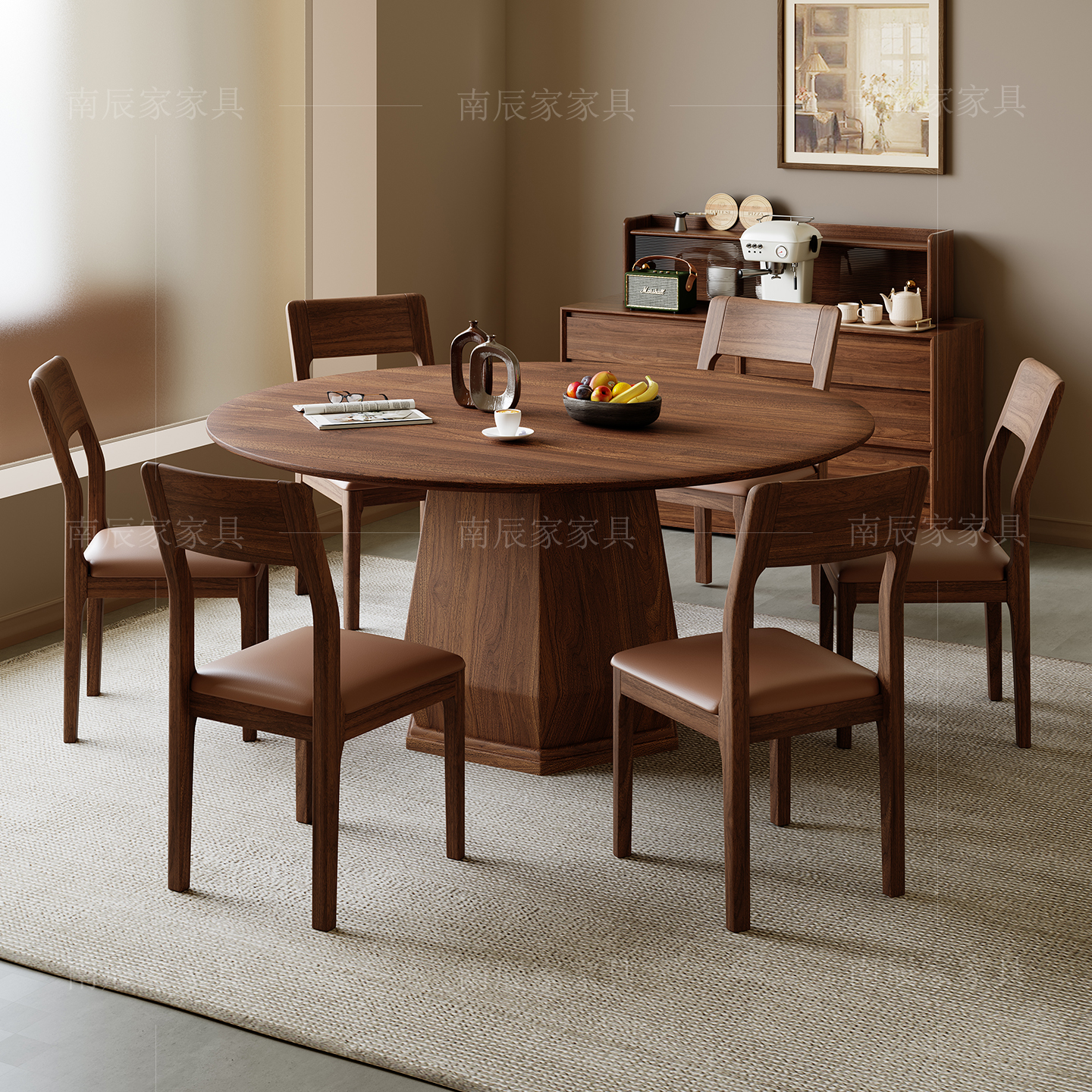 黑胡桃木中式餐桌家用转盘餐桌1米8纯实木餐桌椅10人饭桌大圆餐桌