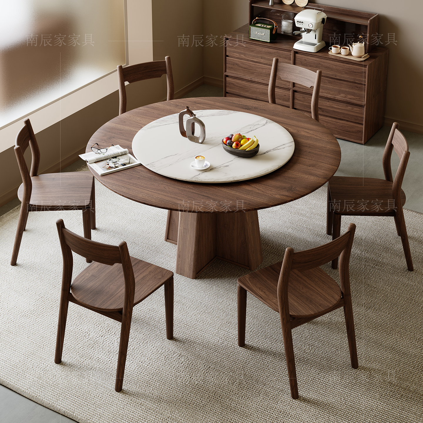 黑胡桃木餐桌家用复古圆形饭桌餐桌现代复古高级感岩板实木餐桌