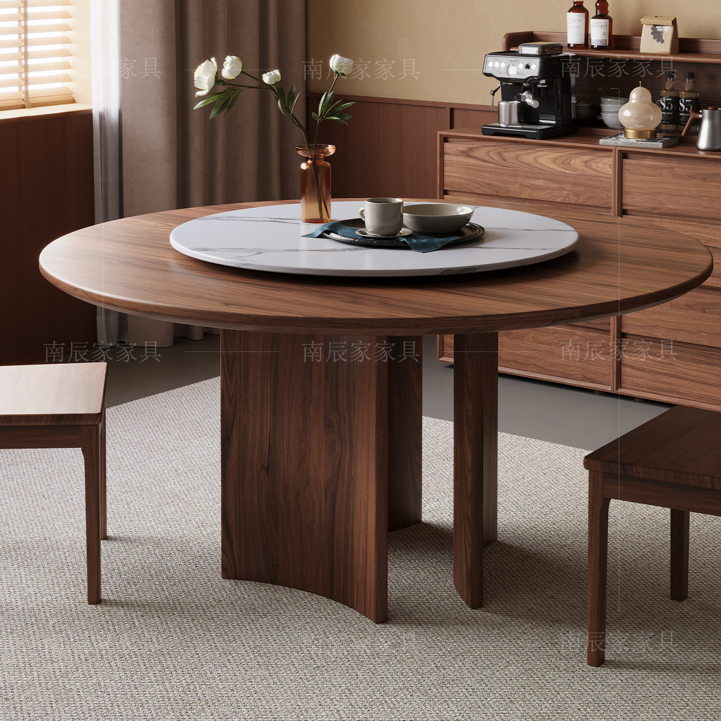 黑胡桃木中式餐桌家用转盘餐桌1米8纯实木餐桌椅10人饭桌大圆餐桌