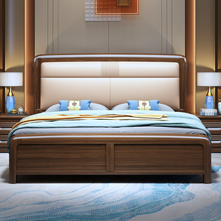 金丝檀木实木床真皮软包软靠主卧1.8米双人储物大床家具1.5新中式