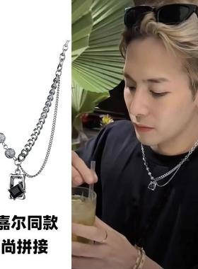 男士项链纯银潮流王嘉尔同款冰裂珠拼接方块水钻街头男款配饰礼物